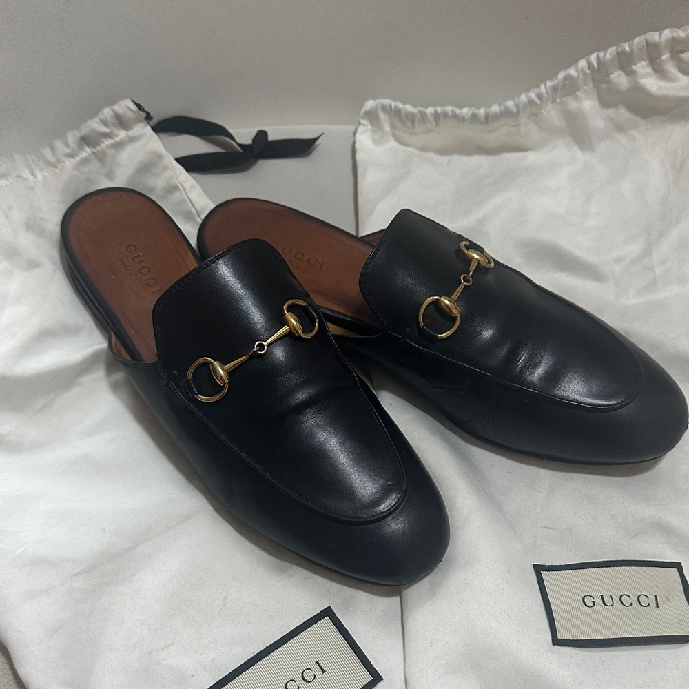 Gucci Black Leather Mules with Gold Hardware